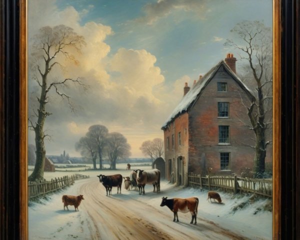 Serene Winter Landscape with Farmhouse and Cows