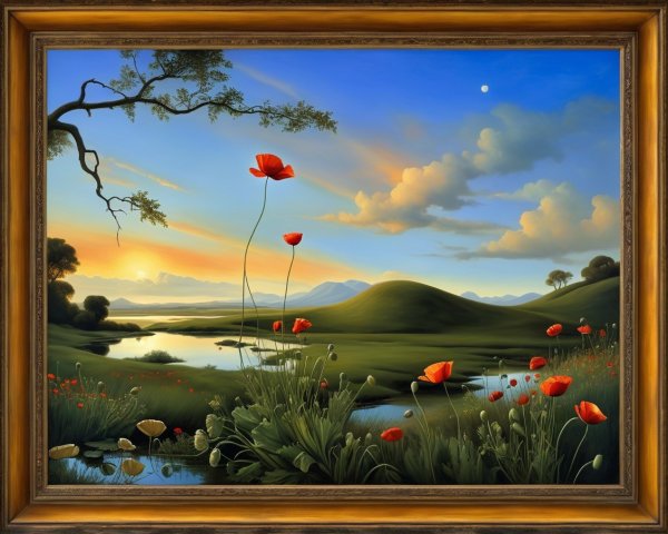Serene Landscape with Red Poppies and Sunset River