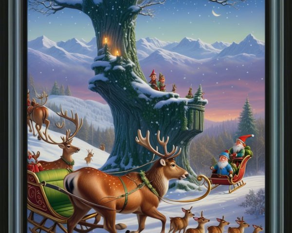 Santa Claus and Gnome in Sleigh with Reindeer in Snowy Forest