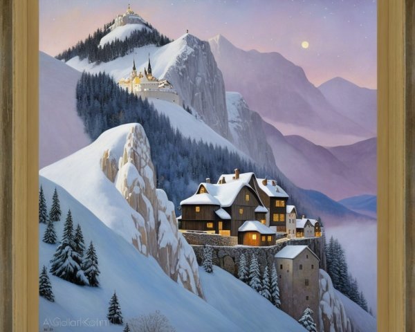 Fantasy Village in Alpine Mountainscape with Castle