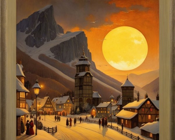 Snowy Village Scene Under Golden Moonlight