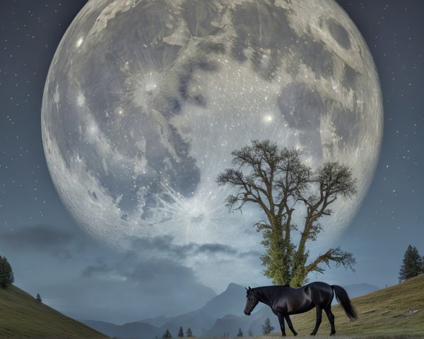 Majestic Black Horse Under Full Moon in Tranquil Landscape