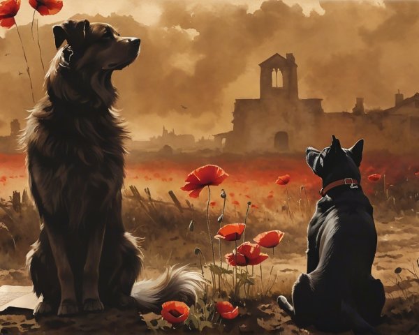 Golden and black dogs in poppy-filled landscape
