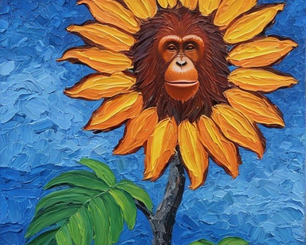 Sunflower with Orangutan Face in Vibrant Artwork