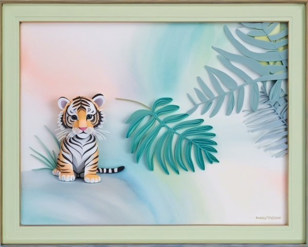 Cartoonish tiger with pastel background and leaves