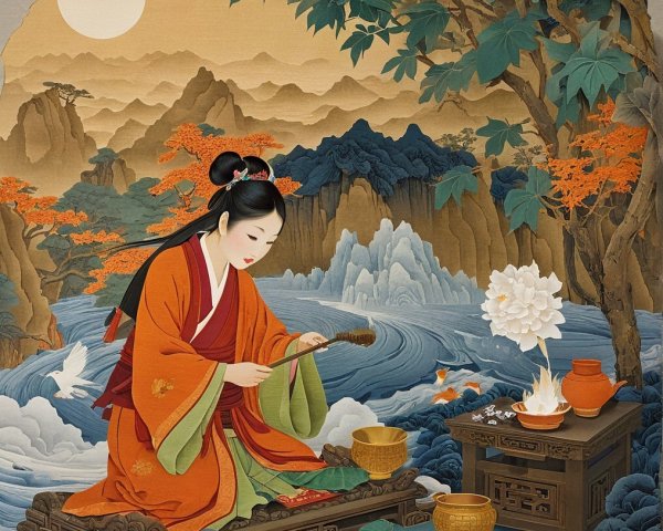 Young Woman Crafting by a Tranquil Riverside