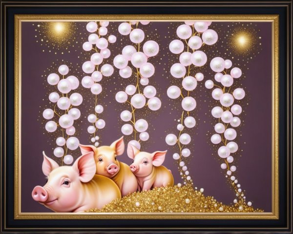 Piglets Among Glitter and Pearls on Purple Background