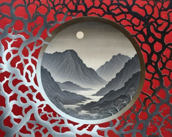 Circular Window Artwork with Monochrome Landscape