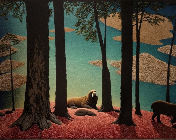 Surreal Forest Landscape with Wildlife and Dreamlike Atmosphere