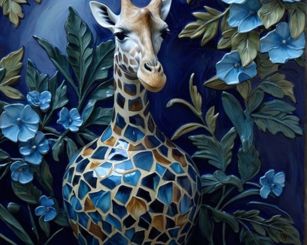 Stylized Giraffe in Decorated Vase with Floral Elements
