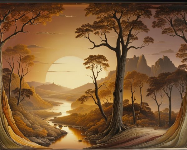 Serene Sunset Landscape with River and Mountains