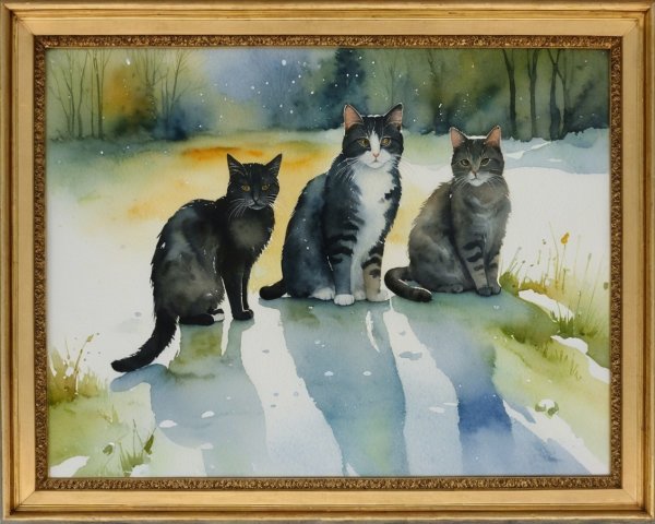 Watercolor Painting of Three Cats on Snowy Path