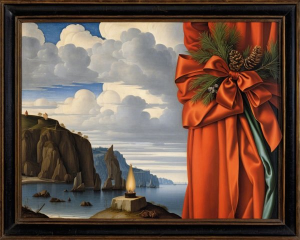 Coastal Landscape with Curtain and Pine Decor Elements