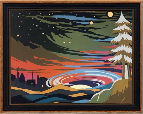 Vibrant Landscape with Sunset and Celestial Bodies