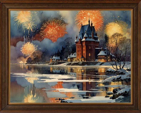 Winter Castle Scene with Fireworks and Snowy Landscape