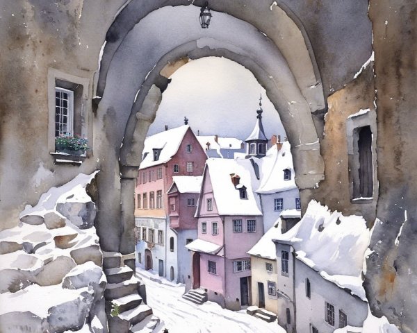 Winter Scene Through Stone Archway with Snowy Village