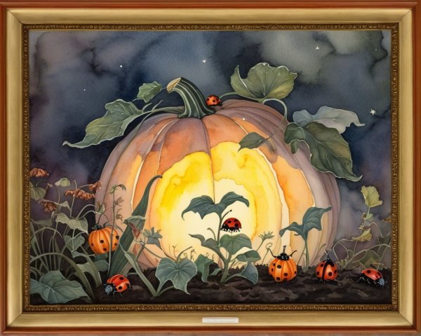 Luminous Pumpkin Surrounded by Green Leaves and Stars