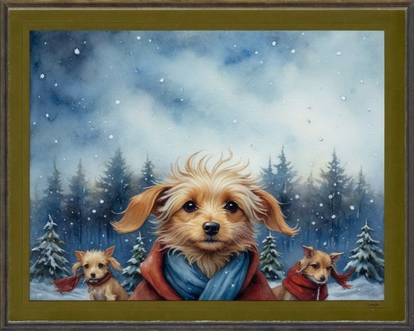Dogs in Winter Scene with Snowy Trees and Scarves