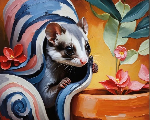 Whimsical Painting of Animal with Colorful Pottery