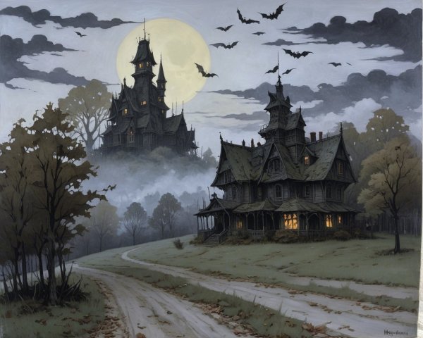 Ominous Mansions in a Misty, Haunting Landscape