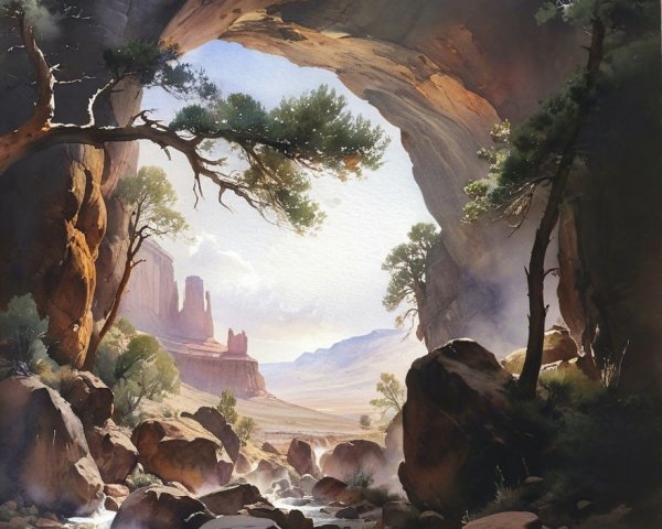 Serene Landscape with Rock Arch and Gentle River