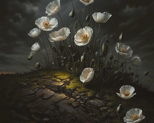 White Poppies Blooming Against Dark Cloudy Background