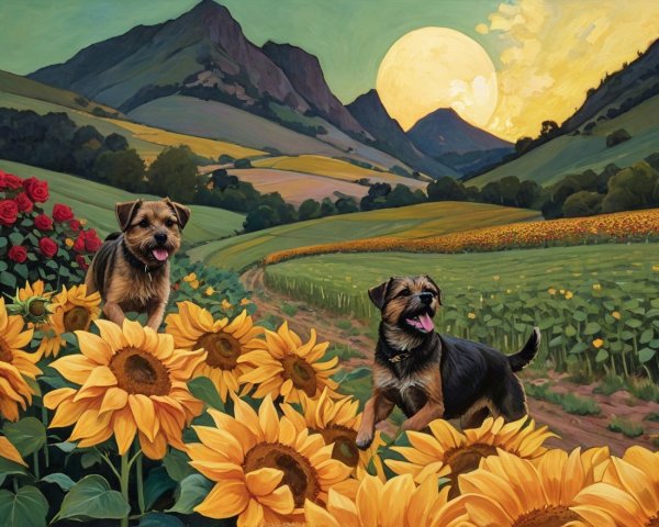 Dogs Playing in a Sunflower Field at Sunset