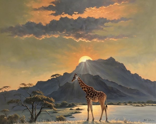 Giraffe Silhouette Against Sunset and Mountains