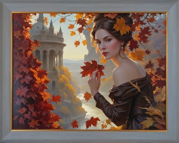 Serene Woman in Elegant Gown Surrounded by Autumn Foliage