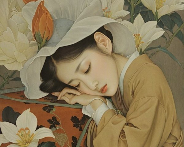 Serene woman in kimono with magnolia flowers