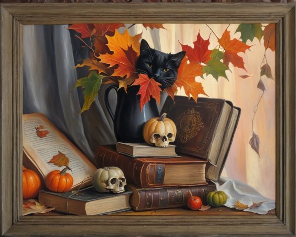 Cozy Autumn Scene with Black Cat and Vintage Teapot