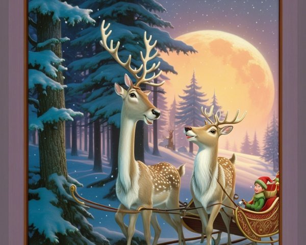 Whimsical Fantasy Scene of Reindeer and Sleigh at Dusk