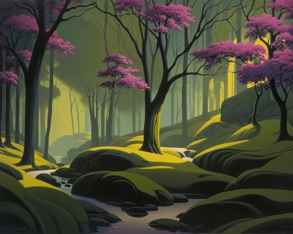 Tranquil Forest Landscape with Pink Blossoms and Stream