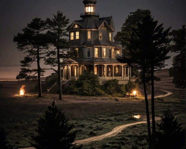 Victorian-style house illuminated at night with trees