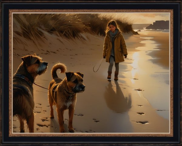 Young girl with dogs on beach at sunset