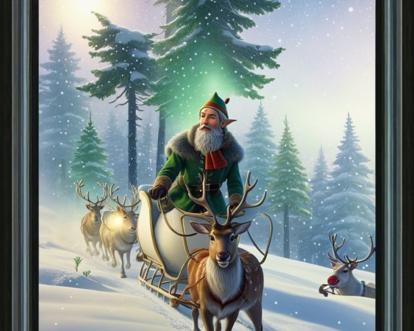 Old man in green suit riding sleigh in snowy forest