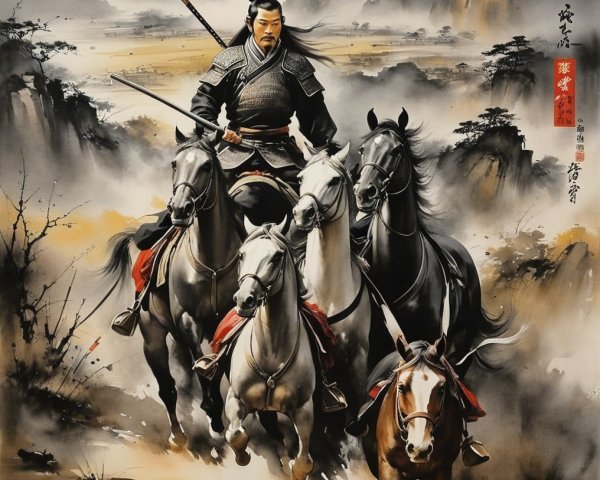 Warrior in Armor Riding Four Horses in Dramatic Landscape