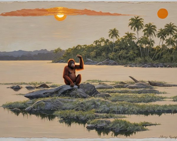 Serene Landscape with Orangutan and Vibrant Suns