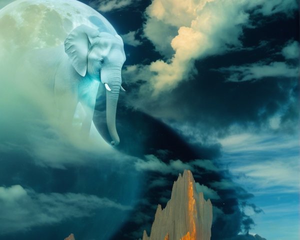 Giant Elephant in Surreal Landscape with Cosmic Elements