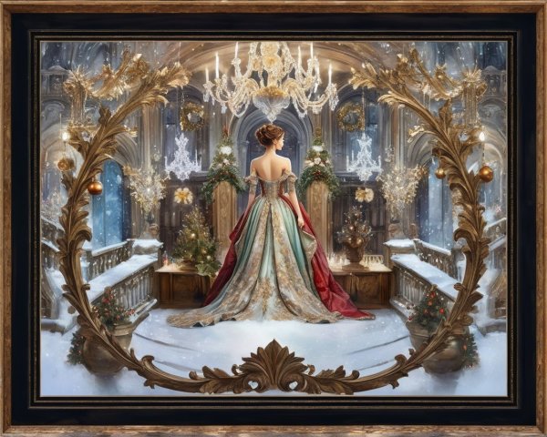 Elegant Woman in Snowy Hall with Christmas Decor