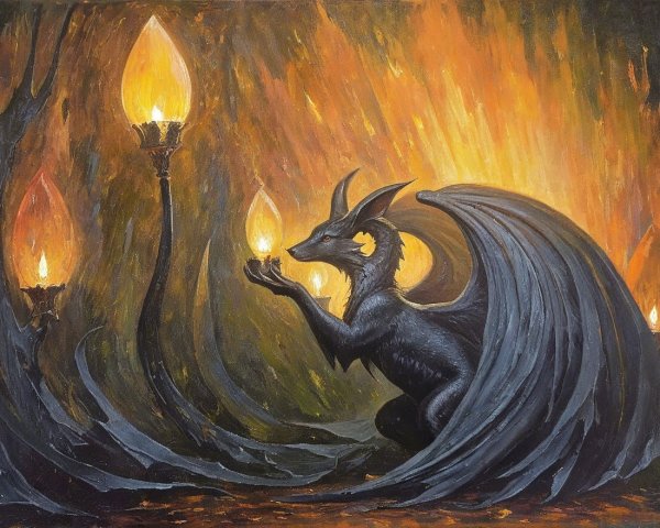 Dark Winged Dragon with Glowing Orb in Mystical Setting