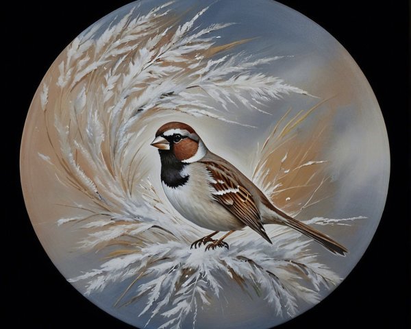 Round Canvas Depicting Bird in Frosty Grasses