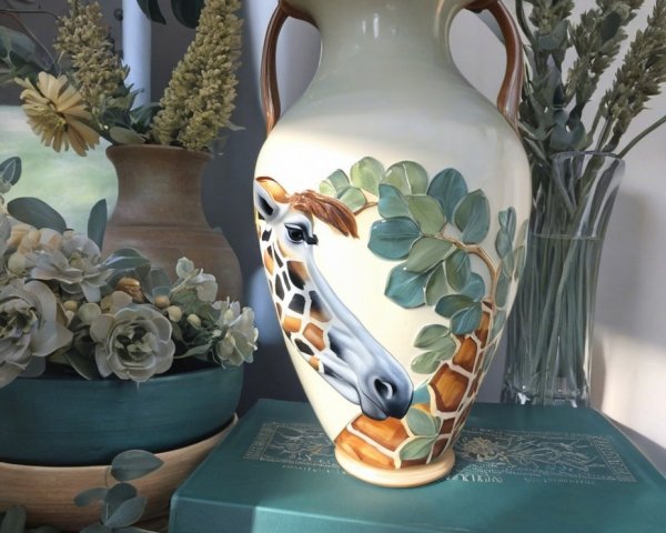 Whimsical Giraffe Vase Surrounded by Floral Arrangements