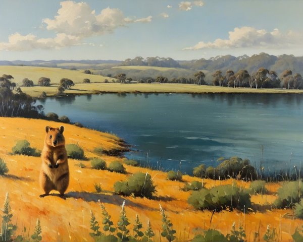 Whimsical Lakeside Scene with Quokka and Nature