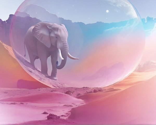 Surreal Landscape with Elephant in Translucent Bubble