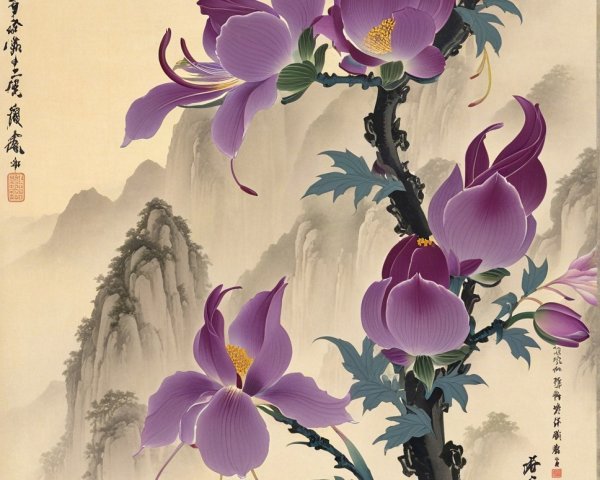 Detailed Painting of Purple Orchids with Calligraphy