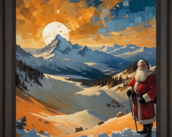 Oil Painting of Santa Claus in Snowy Sunset Landscape