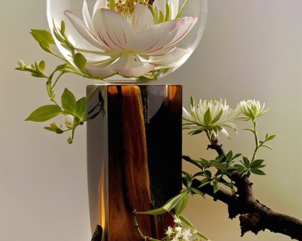 Floral Arrangement with White Lotus Under Glass Dome