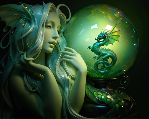Ethereal Figure with Dragon Orb in Mystical Setting
