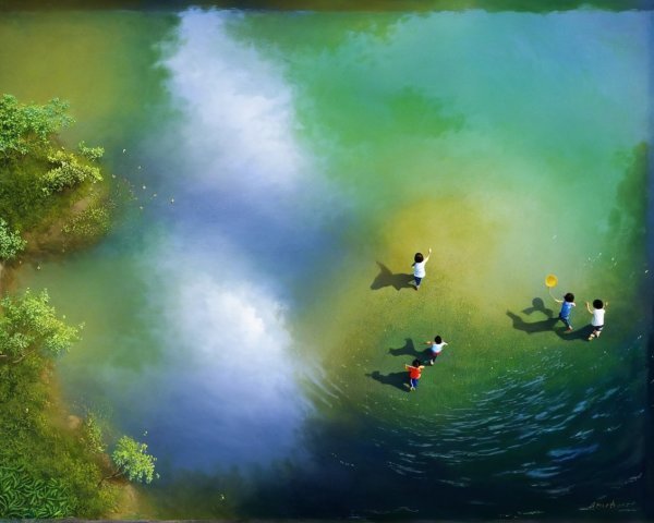 Aerial View of Children Playing in Vibrant Water